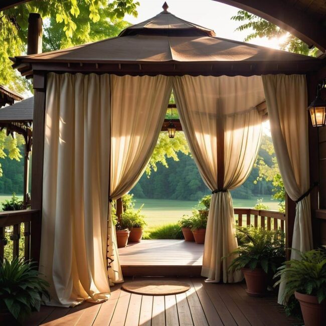 Montaż zasłon w altanie z bocznymi ściankami