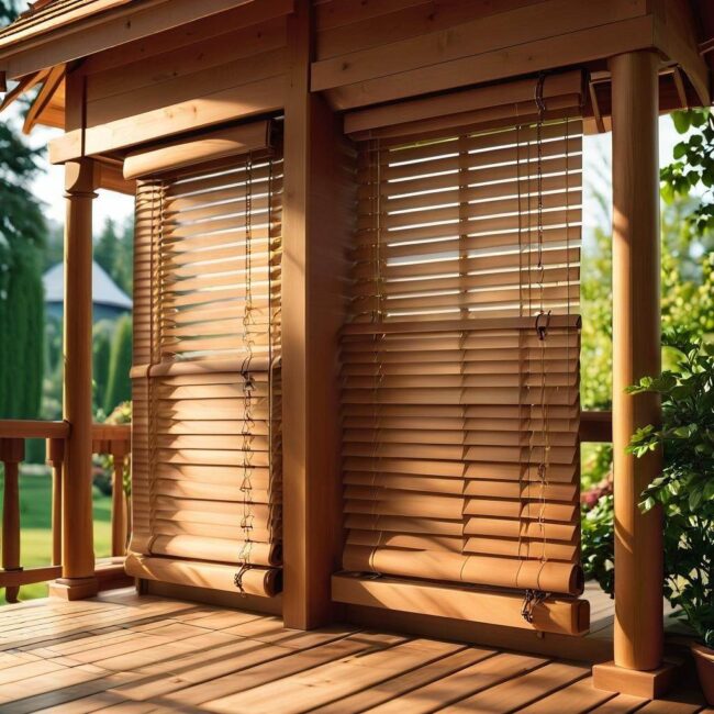 Taras z drewnianymi żaluzjami własnej roboty